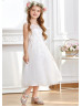 Ivory Beaded Lace Appliques Tulle Tea Length Flower Girl Dress